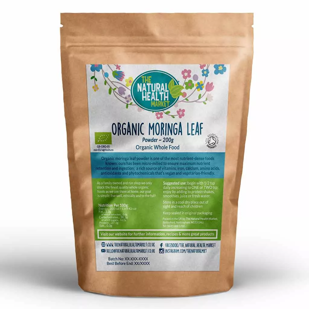 Organic Moringa Leaf powder (Moringa Oleifera) by The Natural Health Market - 200g pack.