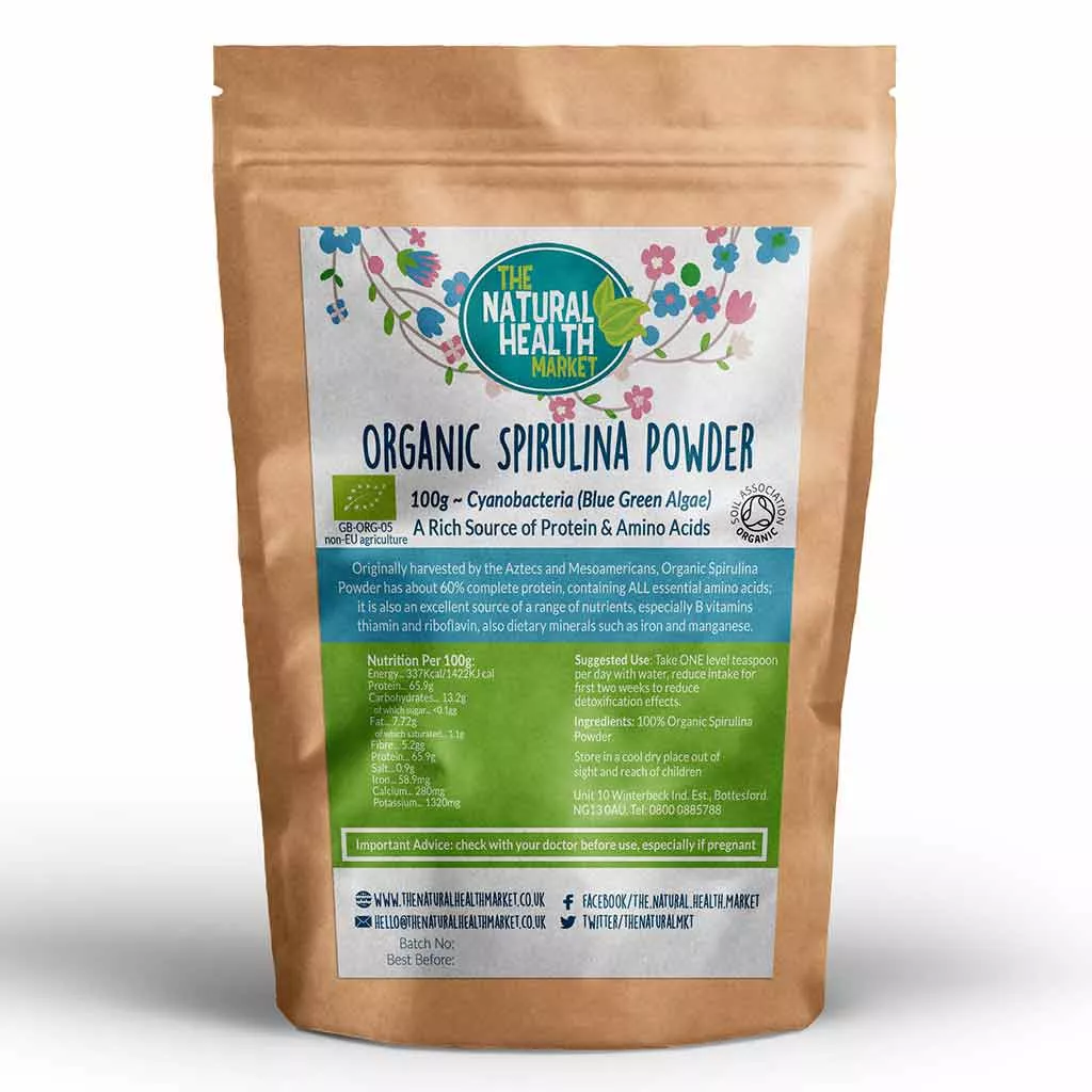 Organic Spirulina Powder by The Natural Health Market - 100g pack.