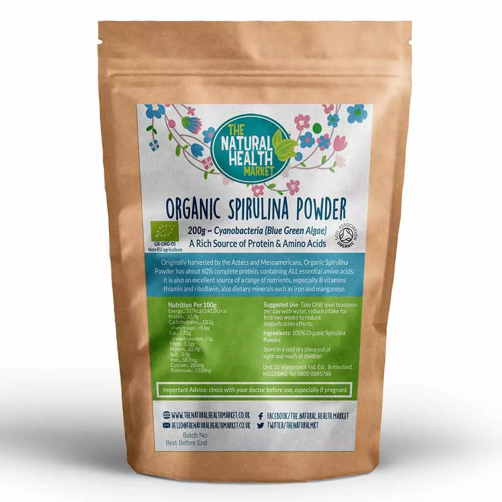 Organic Spirulina Powder by The Natural Health Market - 200g pack.