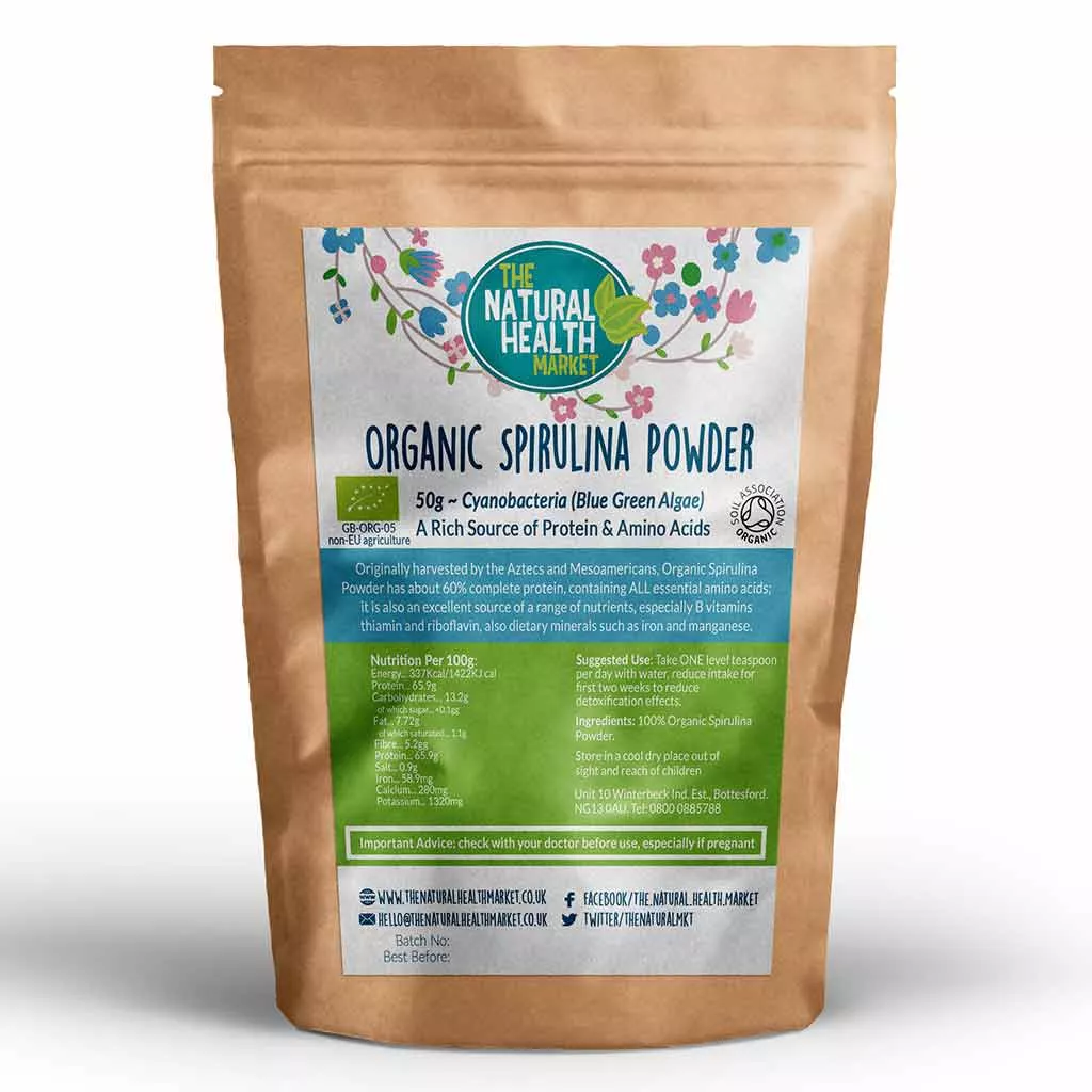 Organic Spirulina Powder by The Natural Health Market - 50g pack.