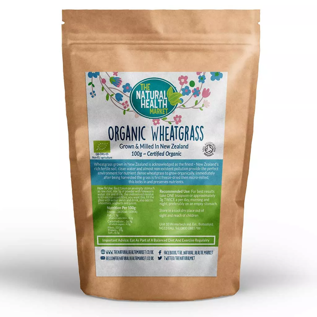 Organic New Zealand Wheatgrass Powder 100g pack by The Natural Health Market.