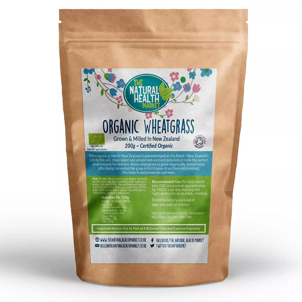 Organic New Zealand Wheatgrass Powder 200g pack by The Natural Health Market.
