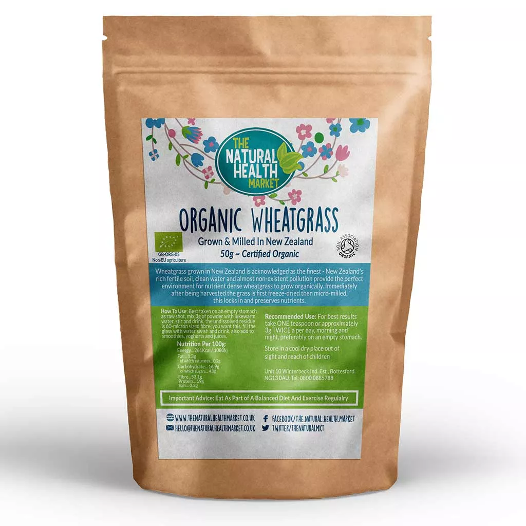 Organic New Zealand Wheatgrass Powder 50g pack by The Natural Health Market.