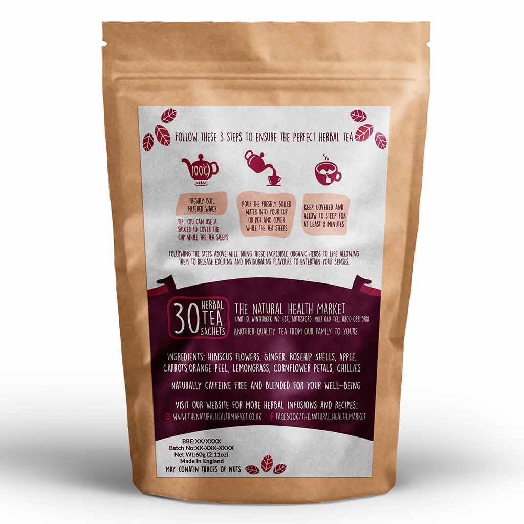Racy Hibiscus Tea Bags 30 bag pack By The Natural Health Market.