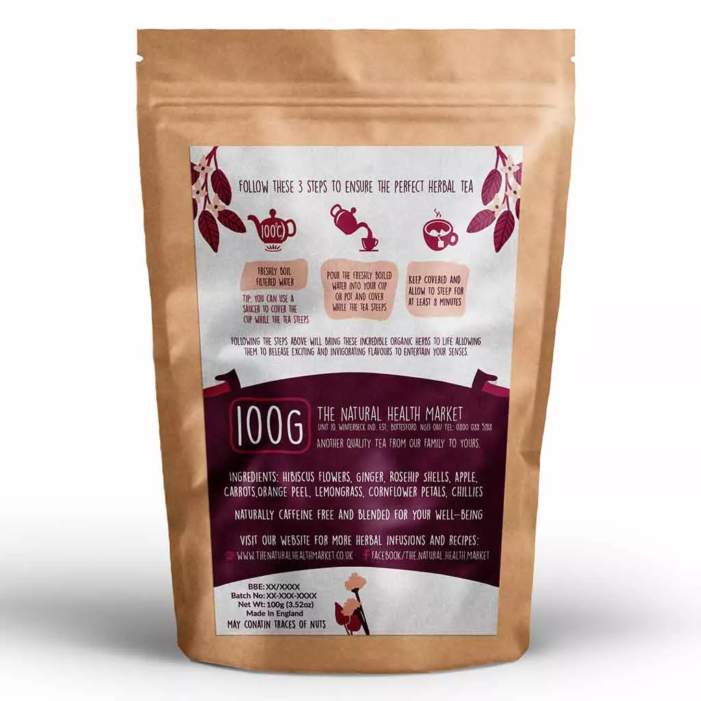 Racy Hibiscus Tea Loose Leaf Herbal Tea 100g pack By The Natural Health Market.