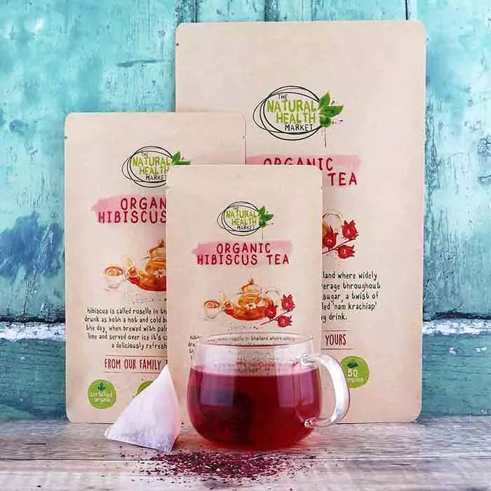 Organic Hibiscus Tea Bags By The Natural Health Market - All available sizes with a fresh cup of hibiscus tea.