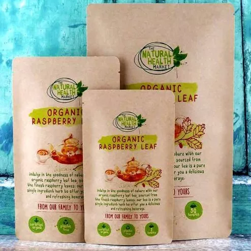 Organic raspberry leaf tea by The Natural Health Market - all pack sizes of pyramid tea bags in plastic free packs.