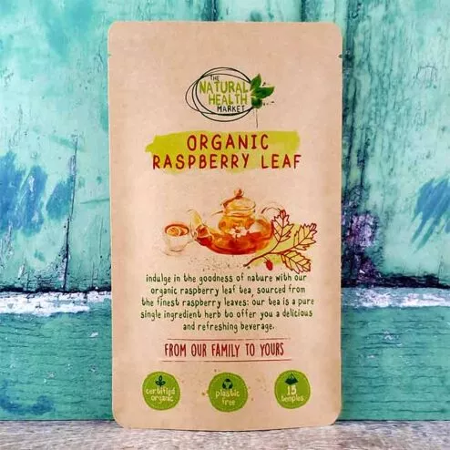 Organic raspberry leaf tea by The Natural Health Market - 15 pyramid tea bag plastic free pack.