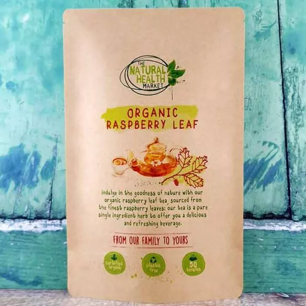 Organic raspberry leaf tea by The Natural Health Market - 50 pyramid tea bag plastic free pack.